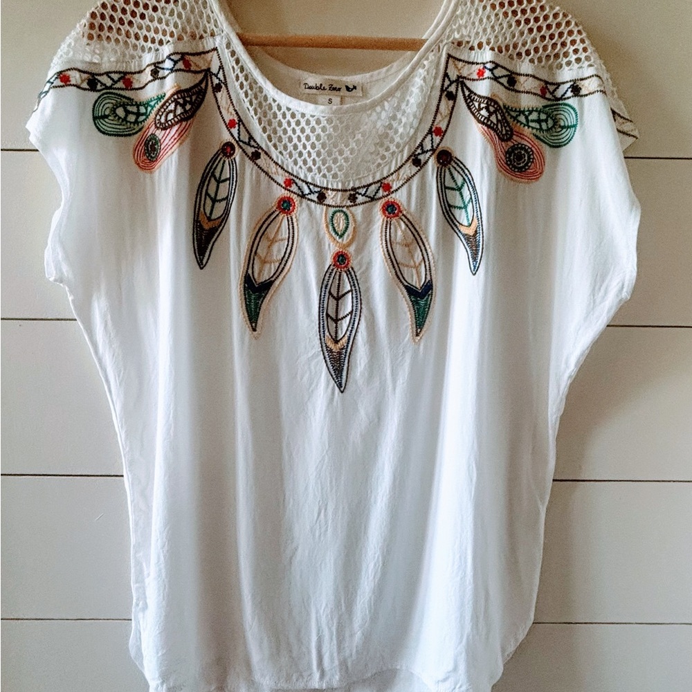 Embroidered White Top with Multicolor Western Accents